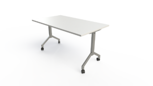 Perspectiva mesa uso multiplo com tampo rebatível 2 lados estrutura com rodizio para movimentação